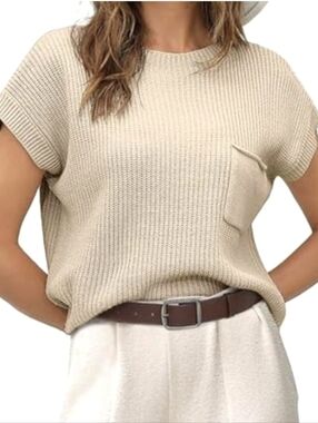 Women's Beige Ribbed Crewneck Sweater with Pocket